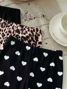 3pcs Baby Girls' Casual Versatile Soft Leopard Print, Heart Print Leggings Paired With Black Solid Cotton Leggings, High Cost-Effective, Comfortable & Soft, Suitable For Spring/Summer Outfit - Multicolor - View 3