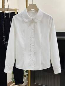 Teen Girl Casual Everyday Versatile Comfortable Collared Ruffle Trim Blouse Fall/Winter Outfits - White - View 1