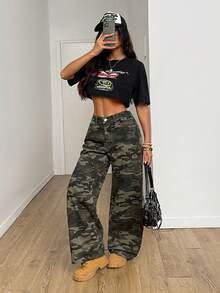 SHEIN Tall CURVE CURVE 大尺碼女款高腰迷彩喇叭腿牛仔褲 休閒得體 Grunge 風 日常夏季街頭風 約會正式外出褲 深綠色 - 軍綠色 - 查看 3