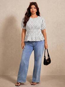 Elaquor Plus Size Colorblock Polka Dot Print Short Sleeve Shirt - Beige - View 4