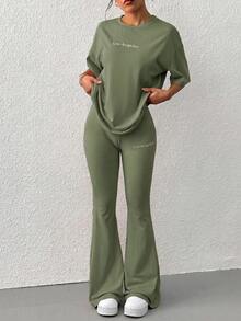 SHEIN EZwear 女款圓領落肩短袖寬鬆休閒舒適兩件套，夏季 - 軍綠色 - 查看 5