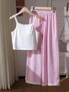 SHEIN Sparklyn 适合少女：夏季清新甜美蕾丝边吊带背心+高腰阔腿裤休闲两件套，清凉时尚，必备的时尚百搭套装。 - 彩色 - 查看 4