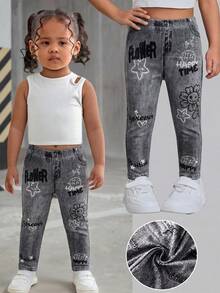 Bubblio Baby Girl Cute Street Style Casual Cute Versatile Printed Pattern Elastic Waist Long Pants Back-To-School Baptism Graduation  School Grey Autumn - Multicolor - View 8