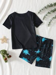 SHEIN 男童卡通夜光印花短袖短裤修身睡衣套装（2件套） - 黑色 - 查看 2