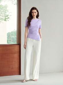 MOTF PREMIUM KAOS LENGAN PENDEK KATUN ASIMETRIS BERLIPIT, KERANJANG BULAT, MUSIM SEMI/PANAS - Purple - View 4