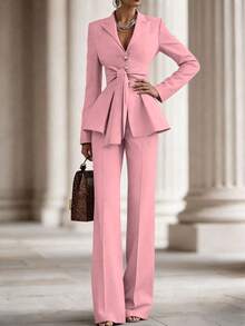 SHEIN 女士时尚百搭系带纽扣西装外套和休闲西装裤套装 - 粉色 - 查看 4