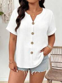 SHEIN Plus Size Women's Solid Color V-Neck Short Sleeve Button Design Casual Shirt - White - View 3