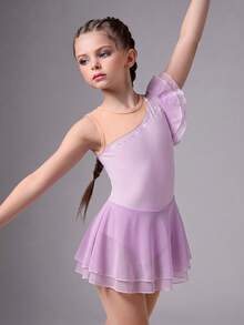 SHEIN Young Girls' Figure Skating Dress, Lightweight Shimmery Rhinestone Decor, Lavender Color, Stretchy Fabric, One Shoulder Mesh Accent, Elegant & Refreshing, Suitable For Team Competitions And Daily Practice - Blue - View 1