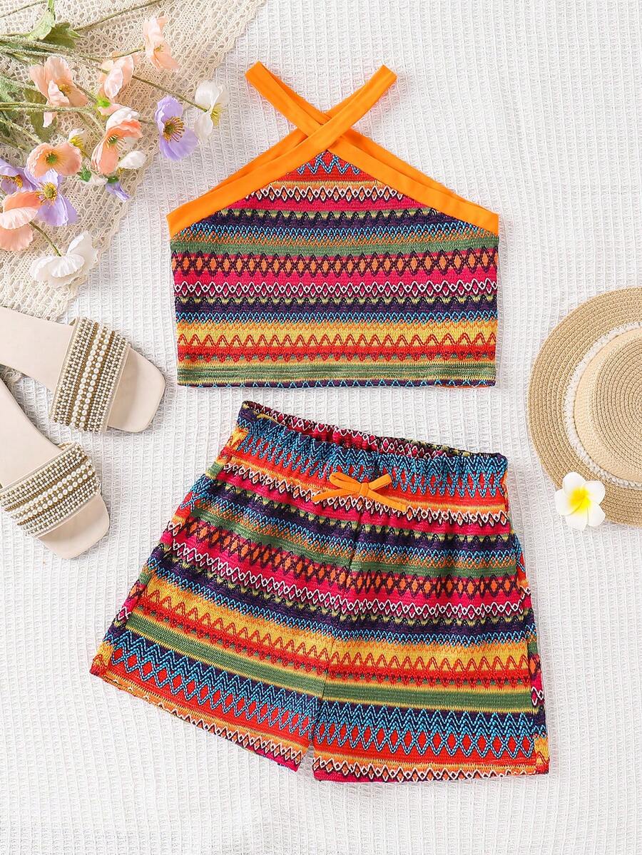 Set 2pcs/Set untuk Anak Perempuan Remaja: Atasan Tanpa Lengan Warna Polos dan Celana Pendek Rajut Longgar - MultiWarna - View 1