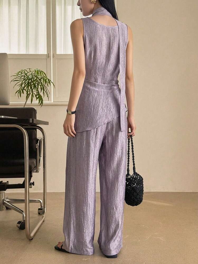 Women's 2-Piece Set Light Purple,Summer,Elegant,Dining Sleeveless Draped Neck Crop Top&Loose Fit Wide Leg Pants,Casual Street Style Lounge Sets