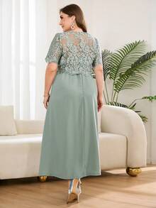 SHEIN Clasi Plus Size Women Jacquard Front Tie Short Sleeve Top And Dress Elegant 2-Piece Set Gym Brown Summer - Green - View 4
