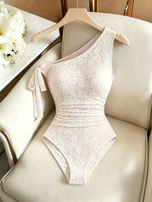 EMERY ROSE Bodysuit Wanita dengan Detail Kerut dan Leher Asimetris, Terbuat dari Kain Bertekstur Renda yang Romantis dan Elegan - Aprikot - View 4