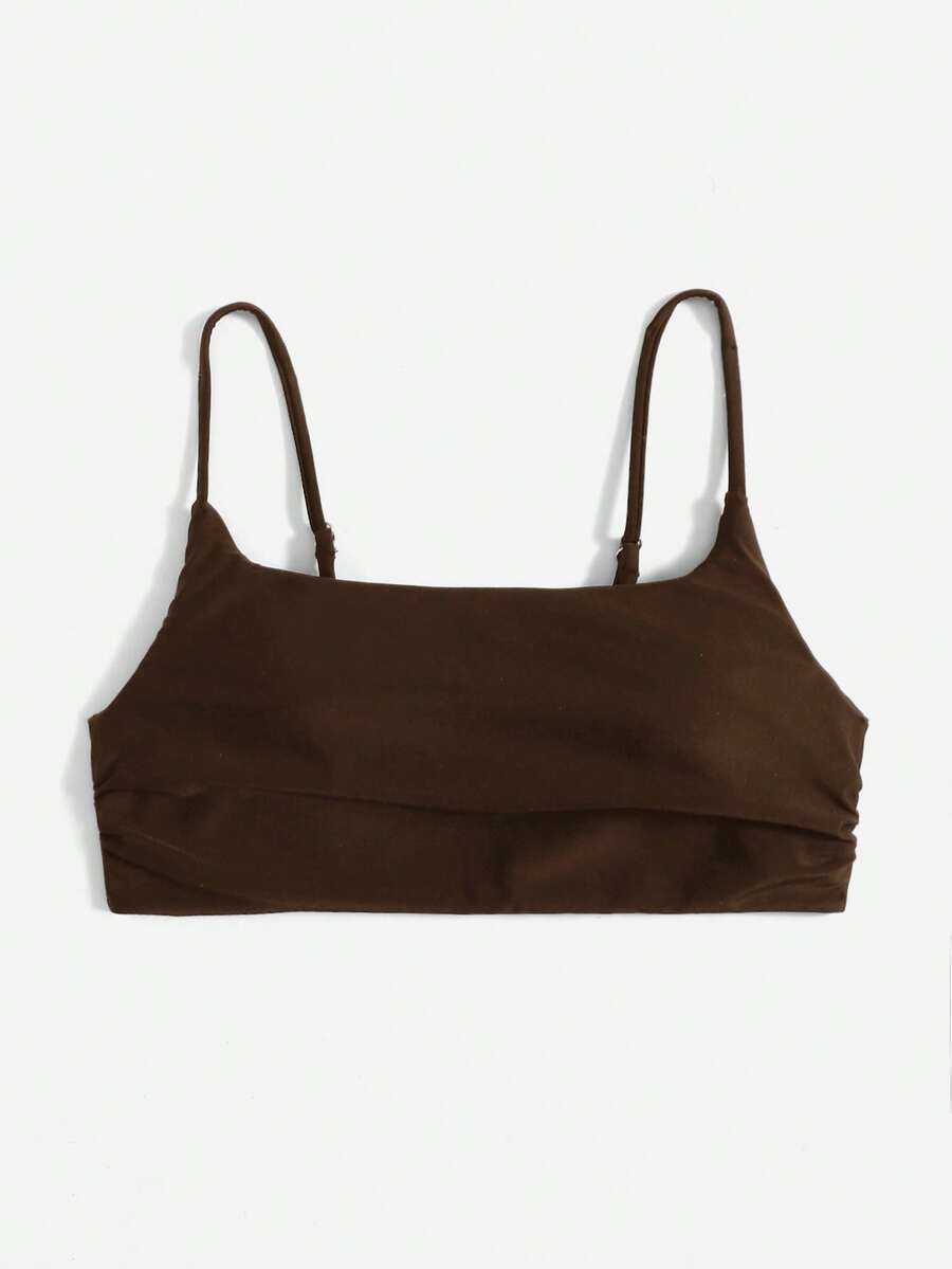 Swim Basics Women's Solid Color Spaghetti Strap Bikini Top, Suitable For Summer Vacation - Brown - View 1