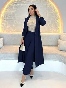 Shopreo Damen Anzugset mit tiefschwarzem Oversized Jackett mit breitem Revers und geradem Hose - marineblau - Übersicht 5