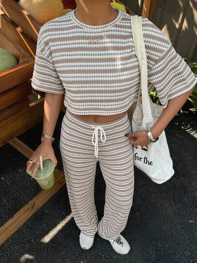 SHEIN EZwear Ensemble décontracté femme avec Top rayé à col rond et pantalon long à taille élastique