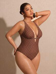 Elaquor Baju Renang One-Piece untuk Liburan Pantai Wanita Ukuran Plus - Coffee Brown - View 5