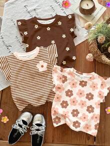 Bộ 3 món họa tiết hoa kaki dễ thương, màu trắng kem, sọc nâu, nâu cho bé gái, kiểu dáng thường ngày, tay ngắn cổ tròn, thích hợp mặc hàng ngày vào mùa xuân/hè, đi chơi, du lịch, dã ngoại, nông trại, thoải mái, dễ mặc, nhiều lớp cho bé gái, phong cách thời trang, trang phục thường ngày, quần áo trẻ em họa tiết hoa, sành điệu mùa xuân & hè, kiểu dáng mới, thoải mái, nữ tính. - Nhiều màu - Xem 10