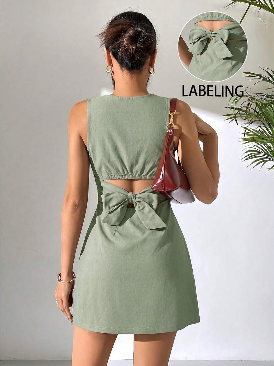 SHEIN EZwear 橄榄绿无袖露背编织连衣裙(女款) - 橄欖綠 - 查看 1