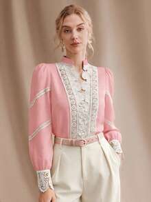 Anewsta Women's Spring Top, Work , Vintage Stand Collar Heavy Water-Soluble Lace Patchwork Pearl Button Blouse, Suitable For Dating, Dinner, Party Top - Pink - View 7