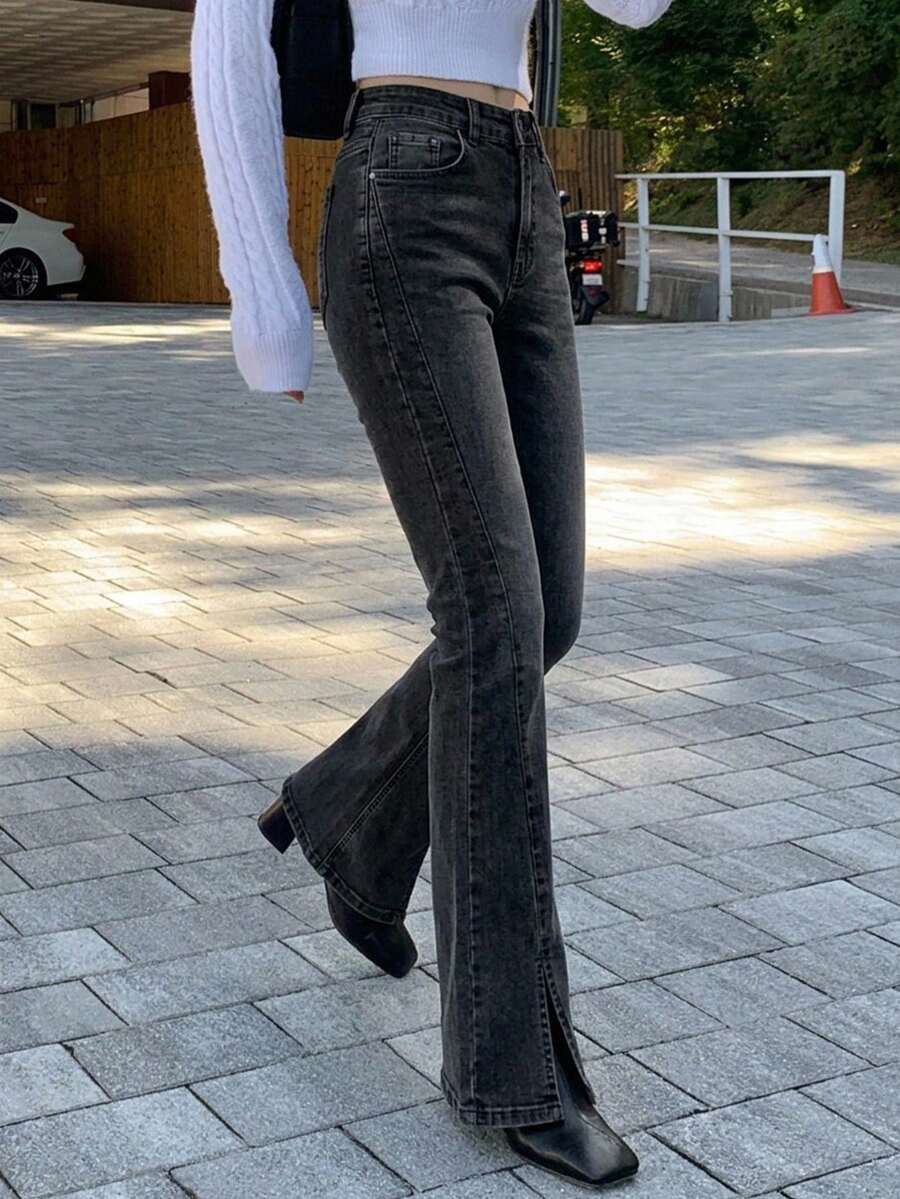 Joudiya Split Flare Jeans - Dark Grey - View 1