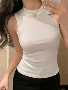 Livesso Áo camisole nữ màu trơn, kiểu dáng công sở, hàng mới về mùa hè. - trắng - Xem 5