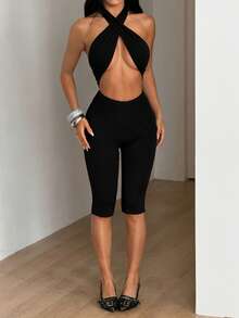 SHEIN ICON 女士纯色吊带系带性感休闲连体衣 - 黑色 - 查看 7