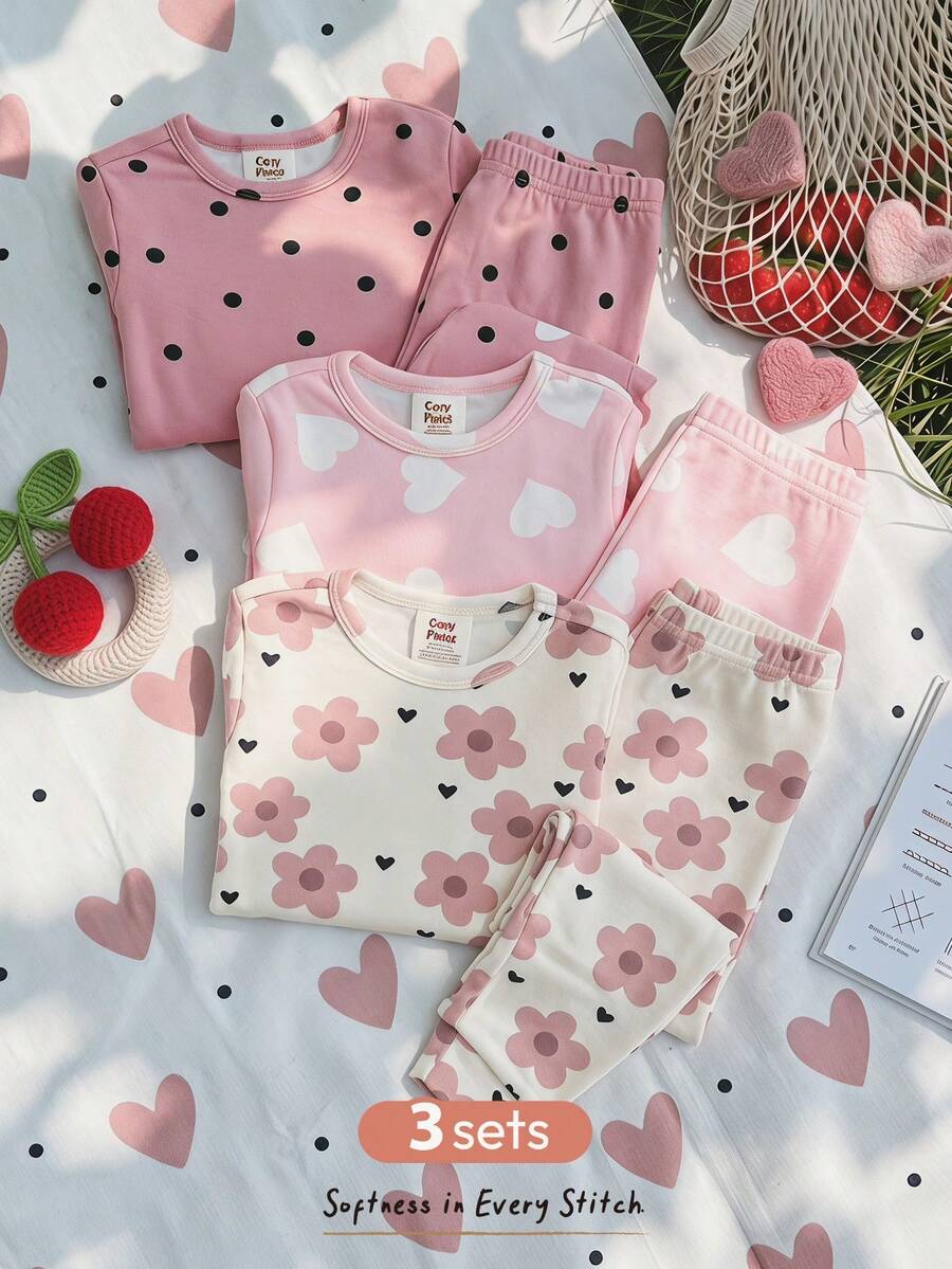 Cozy Pixies 6件套女婴可爱花卉、爱心和波点图案圆领长袖和长裤舒适针织睡衣套装 - 彩色 - 查看 1