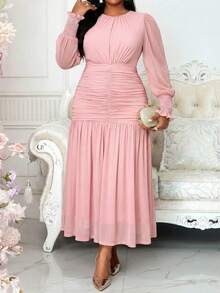 SHEIN Lady CURVE 大码优雅派对纯色褶皱连衣裙 - 粉色 - 查看 5