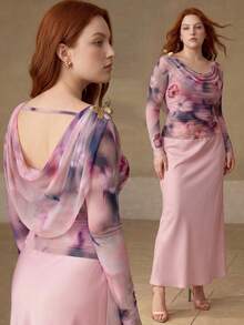 MOTF PREMIUM TOP ELEGANTE DE TALLA GRANDE CON ESTAMPADO FLORAL, CUELLO COWL Y DECORACIÓN METÁLICA, PRIMAVERA/VERANO - Morado - Ver 1