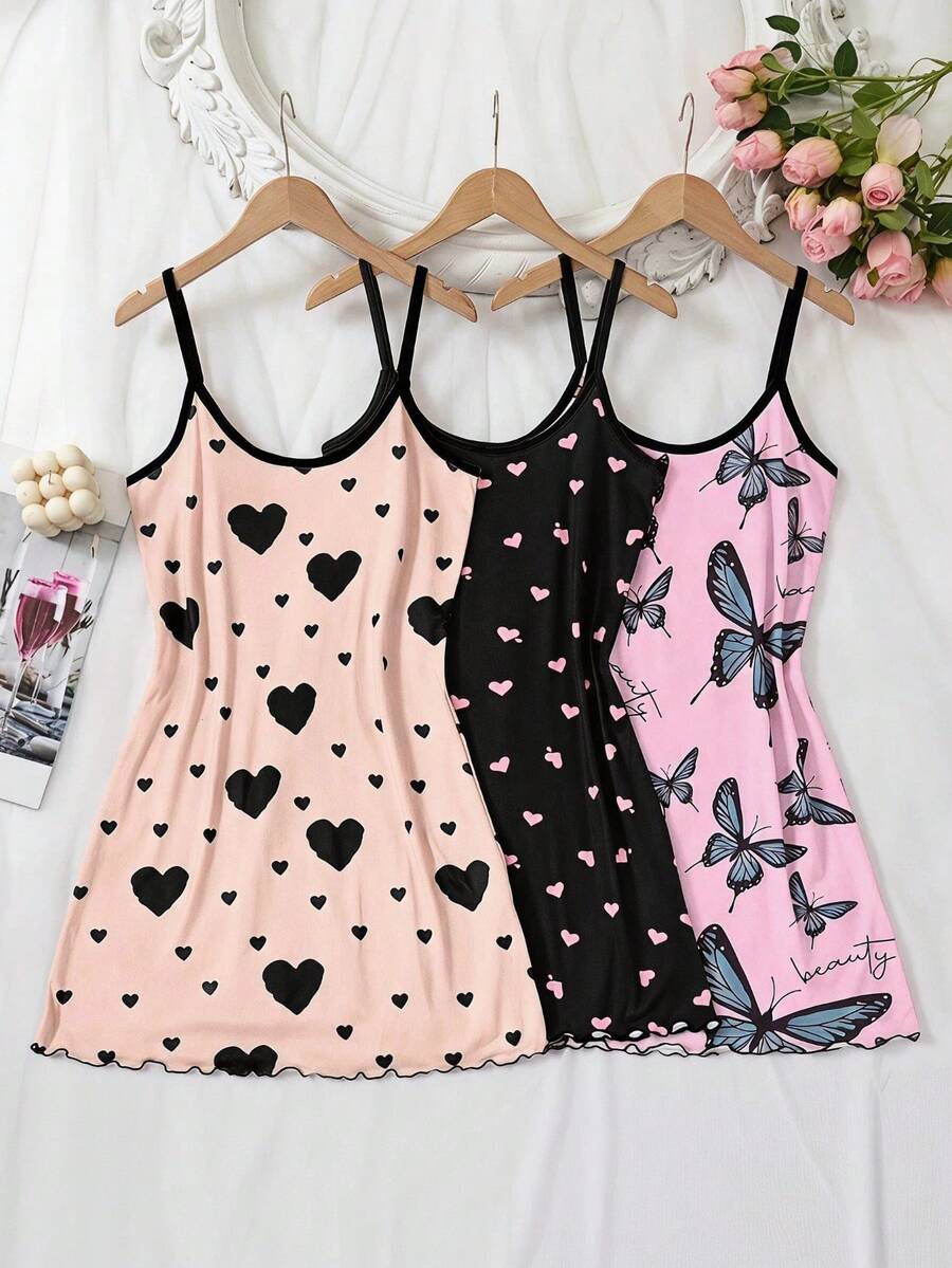SHEIN MOD 3 قطع مجموعة قميص نوم كنزة نسائية مطبوع عليها قلب وفيونكة - متعدد الألوان - مشاهدة 1