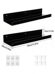 1pc No Hole Drilling 11.8-Inch Black Acrylic Wall Floating Shelf, Wall Mounted Book Display RackRoom Decor - Black - View 12