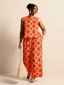 Elaquor Plus Size Casual Boho Minimalist Vacation Print 2 Pieces Set, Women Top + Pants Beach Vacation Vacation Orange Summer - Orange - View 3