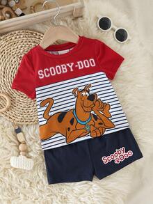 SCOOBY-DOO X SHEIN 男婴夏季休闲时尚街头日常通勤卡通条纹撞色印花短袖T恤和短裤套装 - 彩色 - 查看 3
