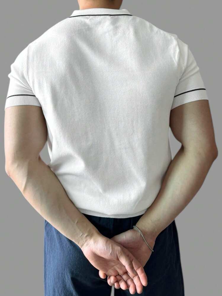 Men's Summer Half-Zip Solid Color White/Black Decorative Trim Knit Top