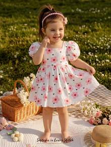 Cozy Pixies Baby Girl Elegant & Cute Summer Patchwork Floral Pattern Yellow Bow Collar Loose Dress - Multicolor - View 3
