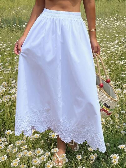 DAZY Patchwork Floral Trim Elastic Waist Skirt, Elegant Summer Holiday Skirt For Women