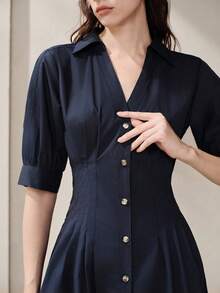 Aveloria Modichic New Commuting Elegant Mandarin Collar Petal Sleeve Silk-Like Midi Shirt Dress - Navy Blue - View 2