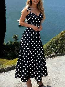 DrmWander Women's Sweetheart Collar Sleeveless Black And White Polka Dot Summer Ruffle Hem Mid-Length Dress Vacation Party Romantic 1940s Vintage - Multicolor - View 4