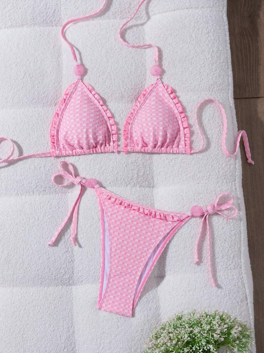 Swim Mod Women 2-Piece Pink Polka Dots Plaid Textured Ruffle Triangle Halter Tie Bikini Set Cute Sexy Summer Holiday Pool Party Beach Vacation Sweet Vibrant - Pink - View 1