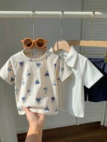 SHEIN Bộ 3 món/set áo sơ mi kẻ sọc vàng, áo thun trắng in hình, quần short xanh, trang phục đi chơi mùa hè dễ thương cho bé trai, set áo thun vui nhộn cho trẻ em - Nhiều màu - Xem 10