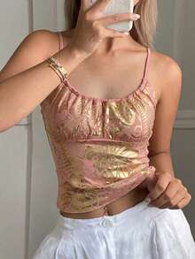 Livesso Áo camisole ôm sát cổ tròn in họa tiết lá cây thời trang mùa hè dành cho nữ. - Bụi hồng - Xem 7