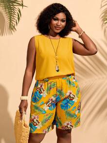 BrightlyHer Bộ đồ đôi nữ cỡ lớn gồm áo tank top cổ tròn màu trơn và quần short in họa tiết cây nhiệt đới, kiểu dáng thường ngày. - Nhiều màu - Xem 6