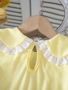 SHEIN Áo thun ngắn tay cho bé gái kiểu dễ thương màu vàng nhạt, cổ Peter Pan, viền bèo, thêu hình chanh, mặc thường ngày mùa hè - Nhiều màu - Xem 4