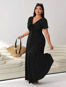 Solflare Vestido casual de verano de manga corta con cuello en V y fruncido, talla grande, color negro - Negro - Ver 3