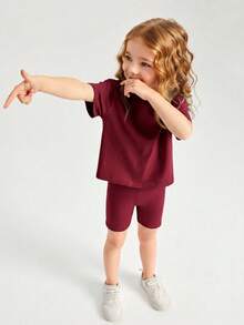 Conjunto de top de hombros caídos rojos y shorts de ciclista para niña, verano - Multicolor - Ver 4