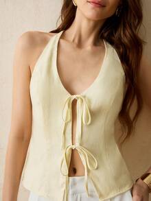 CielaLinda Women's Linen Tie-Front Bow Halter Backless Top, Solid Color Summer Cami Top - Light Yellow - View 4