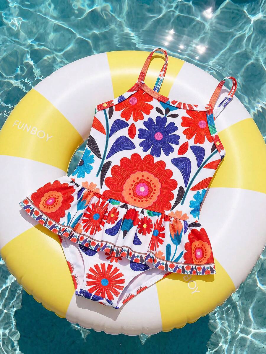SHEIN Baby Girl Floral Print Ruffle Trim One-Piece Swimsuit For Beach Vacation - Multicolor - View 1