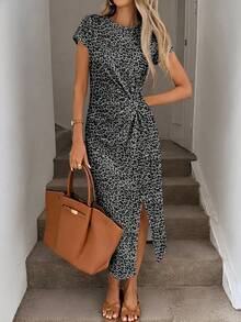 SHEIN LUNE Đầm midi nữ không tay xẻ cao eo xoắn in họa tiết thanh lịch, đầm bodycon dệt vân mặc thường ngày, trang phục sinh nhật nữ, set tập gym nữ, đầm dự tiệc cưới nữ, trang phục công sở nữ - Nhiều màu - Xem 4