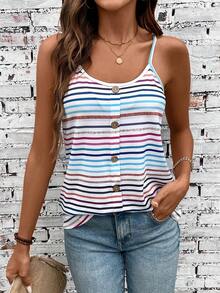 SHEIN PETITE Women's Knitted Multicolor Striped Camisole Tank Top With Button,Blue And White Stripe,Summer,Boho,Casual,Vacation,Parties,Dates,Workwear,Business - Multicolor - View 3