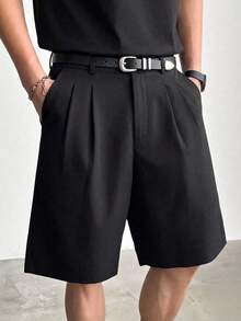 STYNVO Quần short dáng rộng, cạp xếp ly, màu trơn, túi xéo, kiểu dáng thường ngày. - màu đen - Xem 1